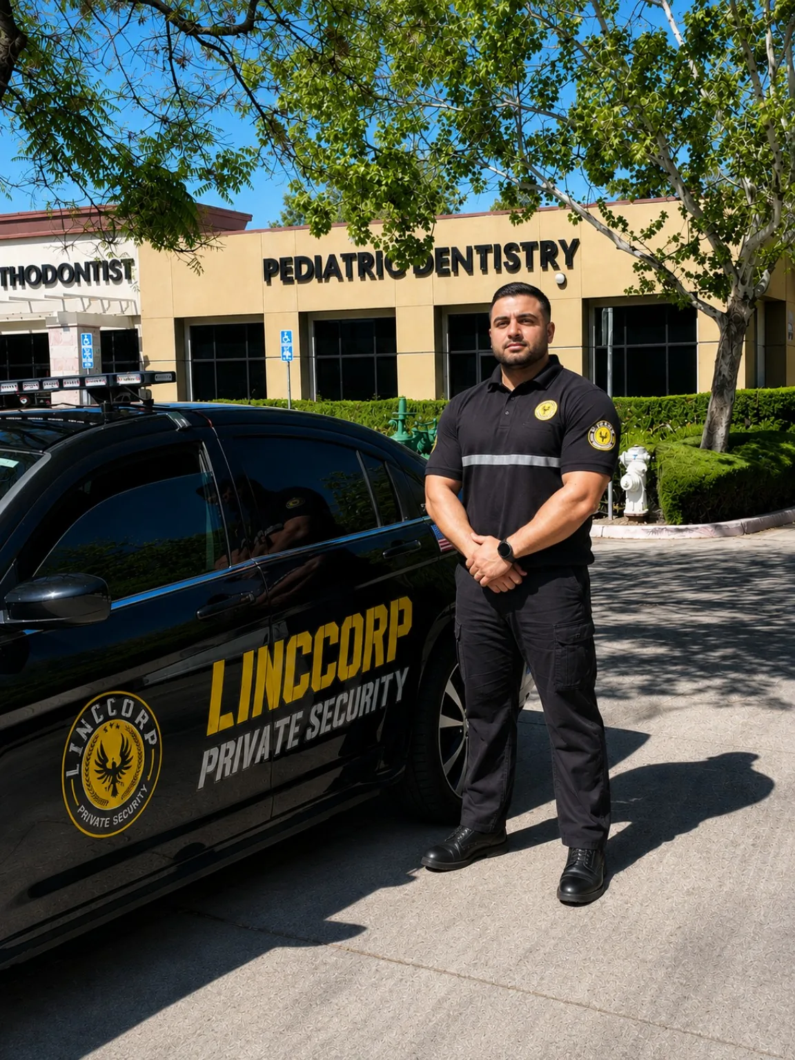 Illustrative LINCCORP officer standing beside a patrol vehicle